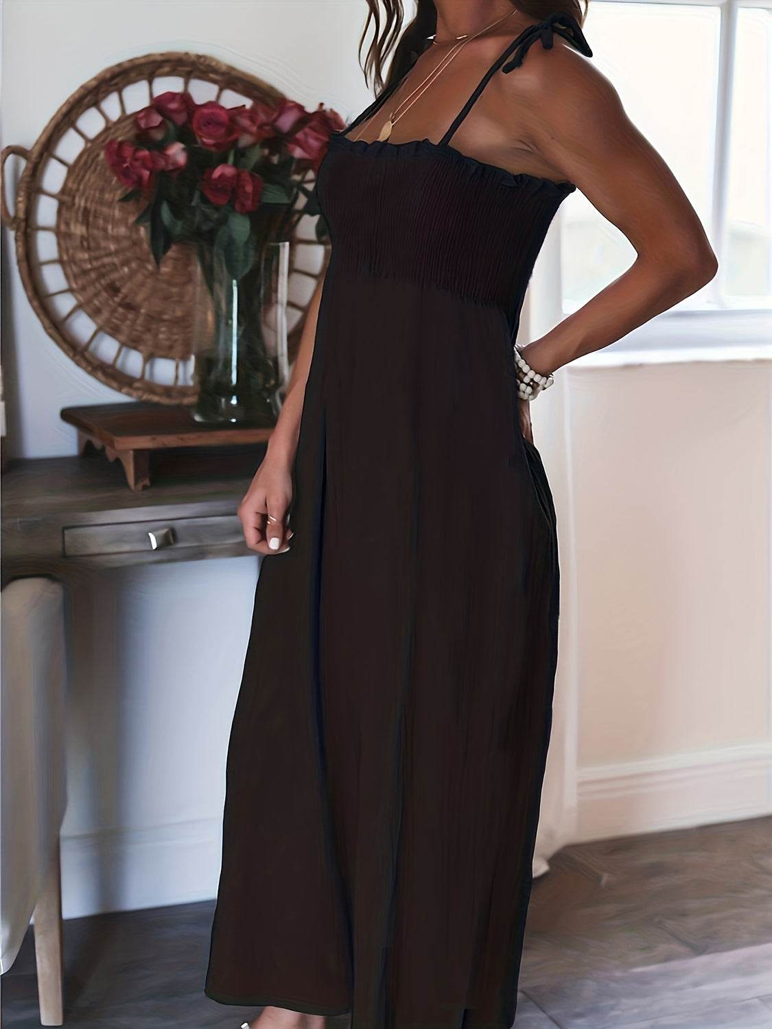 Full Size Smocked Spaghetti Strap Wide Leg Jumpsuit - Hovatok