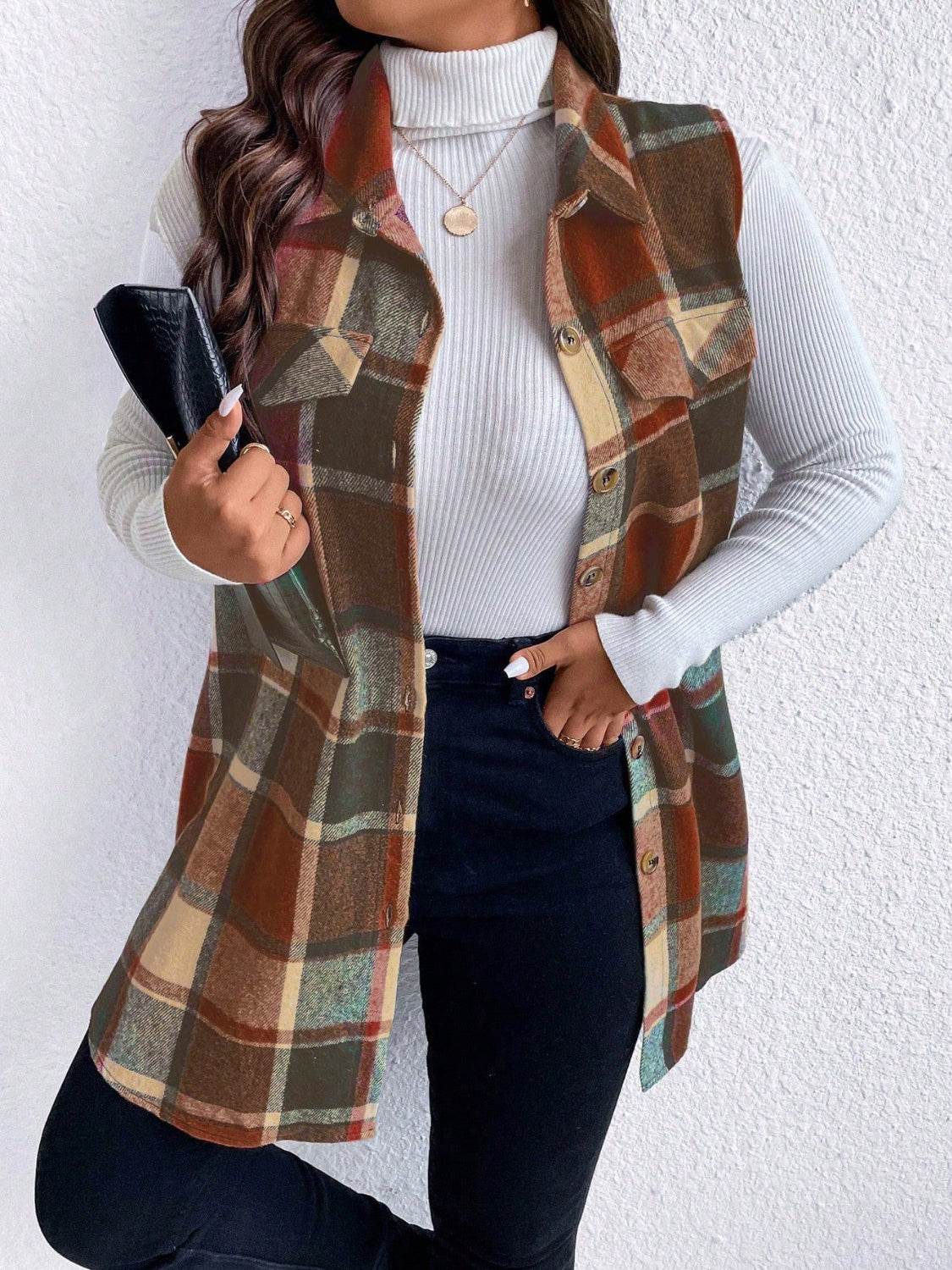 Honey Plus Size Pocketed Plaid Button Up Vest Coat - Hovatok