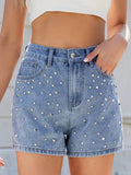 Rhinestone Washed High Waist Denim Shorts - Hovatok
