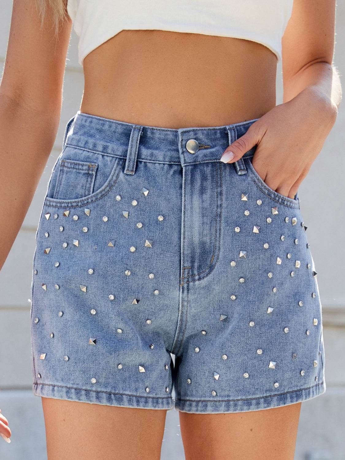Rhinestone Washed High Waist Denim Shorts - Hovatok