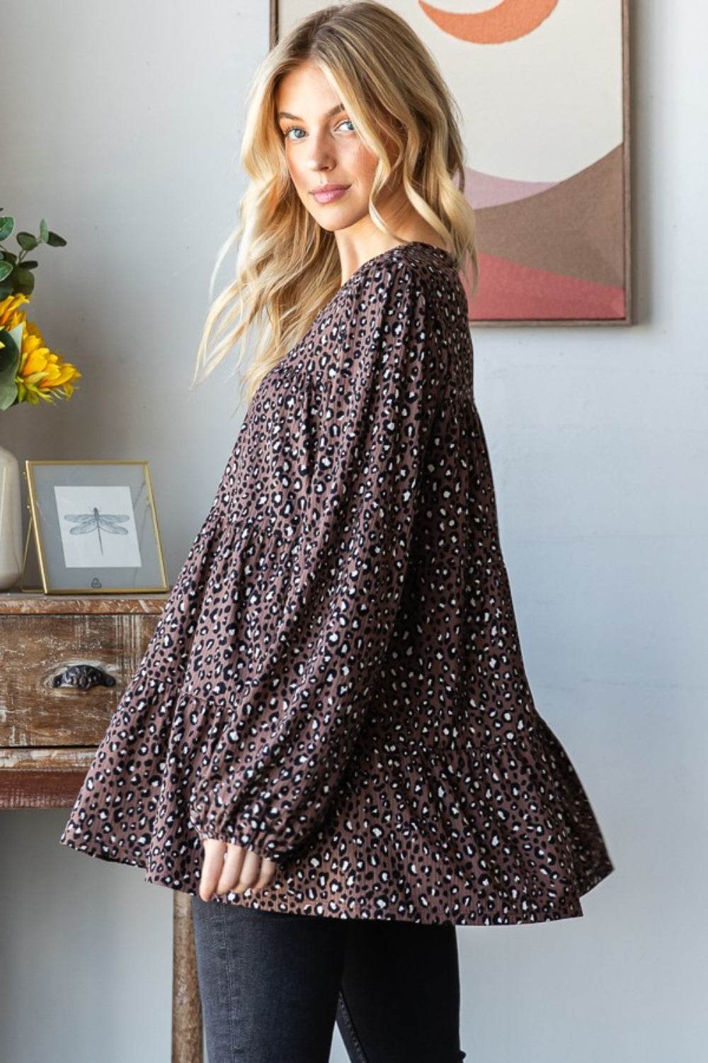 Heimish Leopard Long Sleeve Tiered Blouse - Hovatok