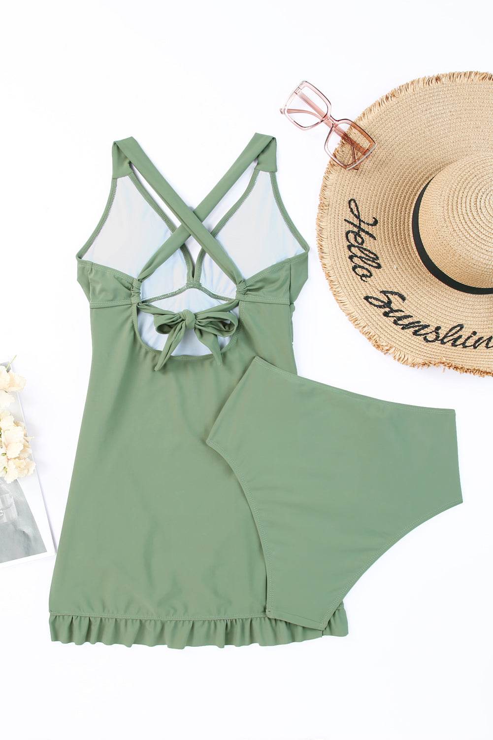 Tie Back Sleeveless Swim Dress and Bottoms Set - Hovatok