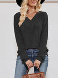 V-Neck Ribbed Long Sleeve Top - Hovatok