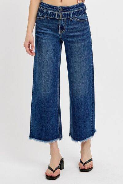 RISEN Raw Hem Wide Leg Attached Buckle Jeans - Hovatok