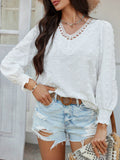 Devine Swiss Dot Lace Detail V-Neck Long Sleeve Blouse - Hovatok