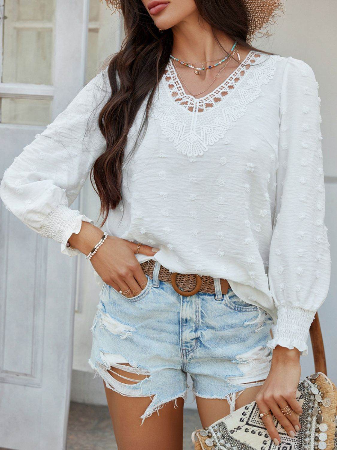 Devine Swiss Dot Lace Detail V-Neck Long Sleeve Blouse - Hovatok