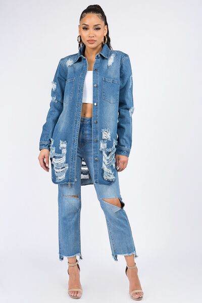 American Bazi Distressed Button Down Denim Shirt Jacket - Hovatok