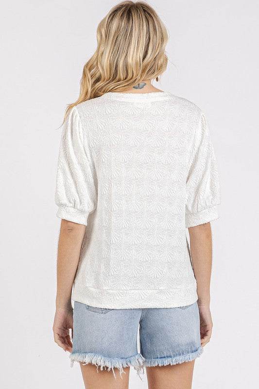 Mittoshop Fan Shell Texture Short Puff Sleeve Knit Top - Hovatok
