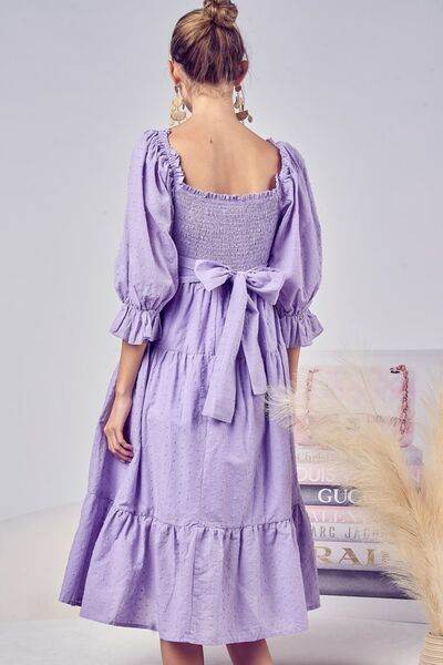 BiBi Swiss Dot Flounce Sleeve Smocked Tiered Midi Dress - Hovatok