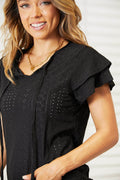 Mandy Eyelet Tie-Neck Flutter Sleeve Blouse - Hovatok