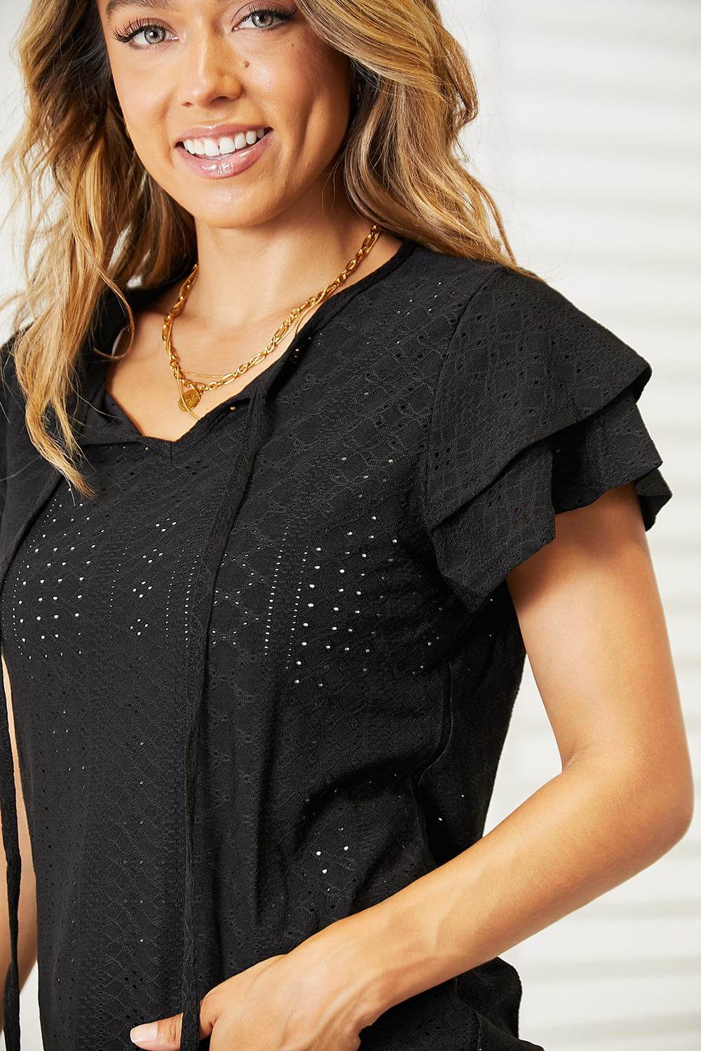 Mandy Eyelet Tie-Neck Flutter Sleeve Blouse - Hovatok