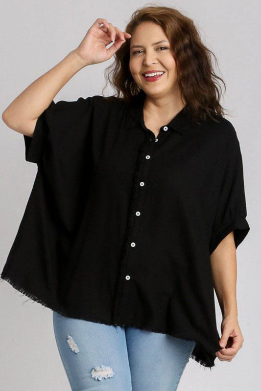 Umgee Full Size Linen Blend Button Down Shirt Plus Size - Hovatok