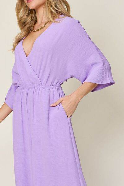Double Take Full Size Surplice Wide Leg Jumpsuit with Pockets - Hovatok