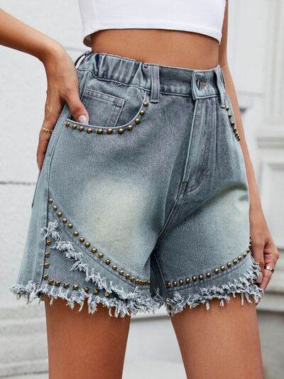 Raw Hem Studded Denim Shorts - Hovatok