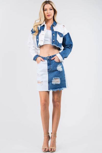 American Bazi Contrast Patched Frayed Denim Distressed Skirts - Hovatok