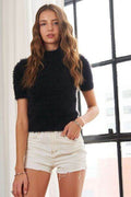 ADORA Fuzzy Mock Neck Short Sleeve Sweater - Hovatok