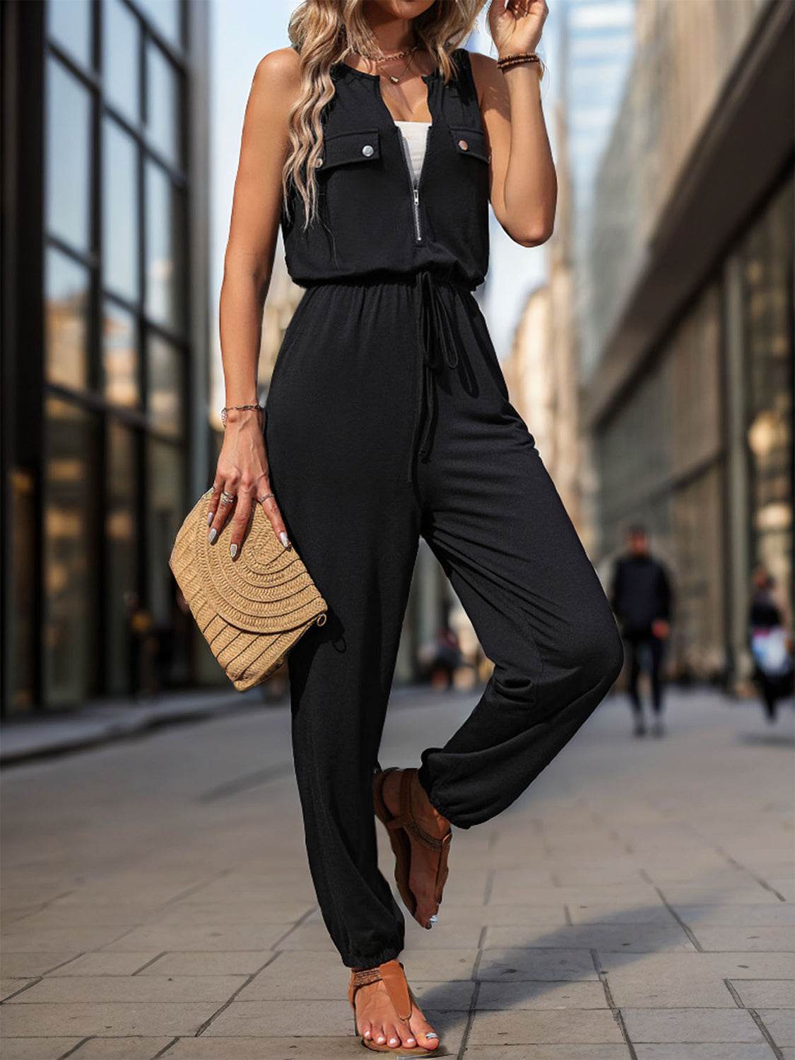 Perfee Half Zip Sleeveless Jumpsuit with Pockets - Hovatok