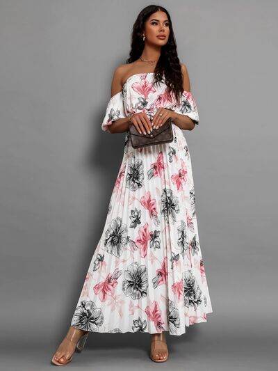 Pleated Floral Off-Shoulder Short Sleeve Midi Dress - Hovatok