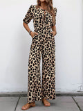 Perfee Tied Leopard Half Sleeve Jumpsuit - Hovatok