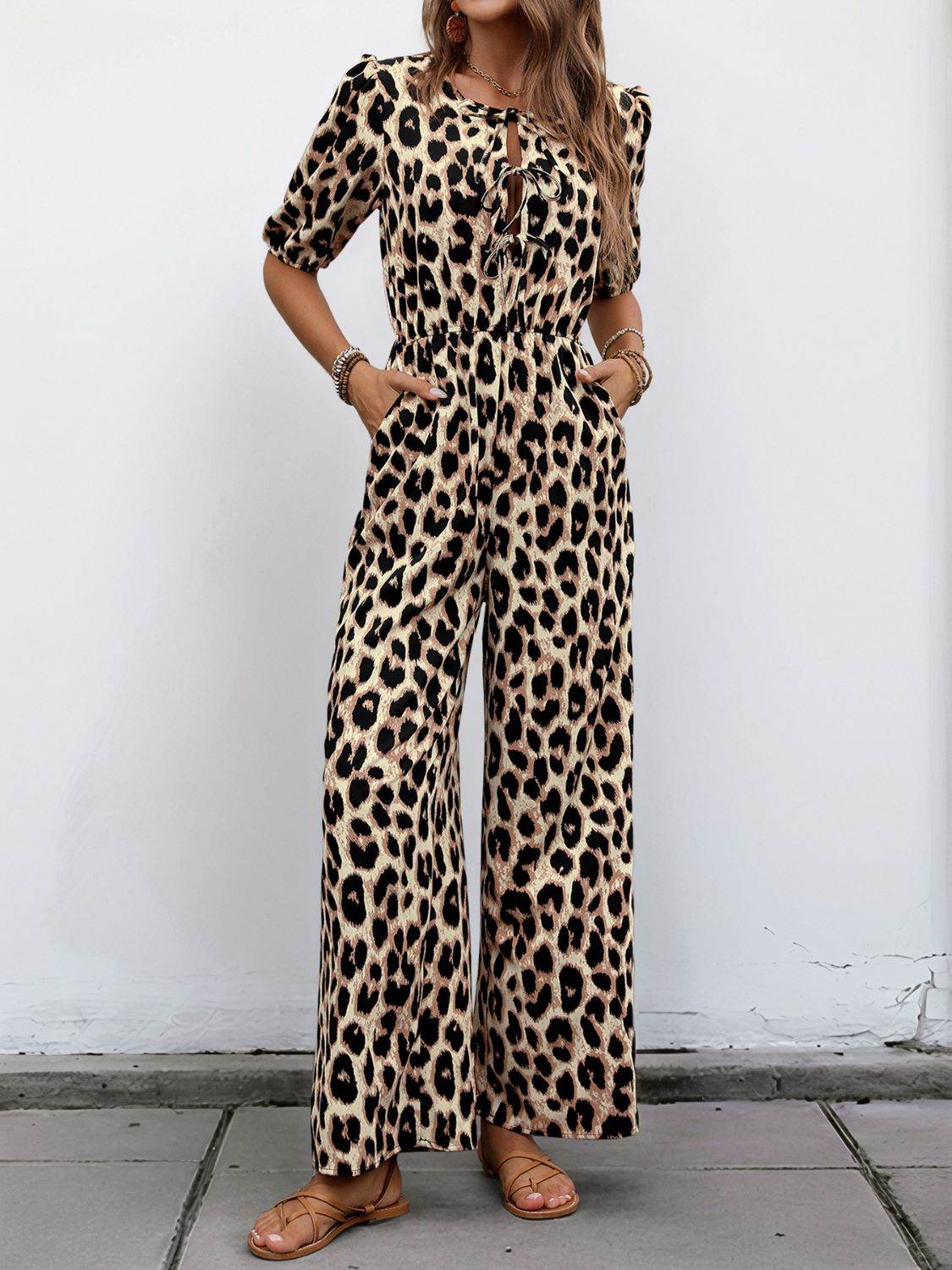 Perfee Tied Leopard Half Sleeve Jumpsuit - Hovatok