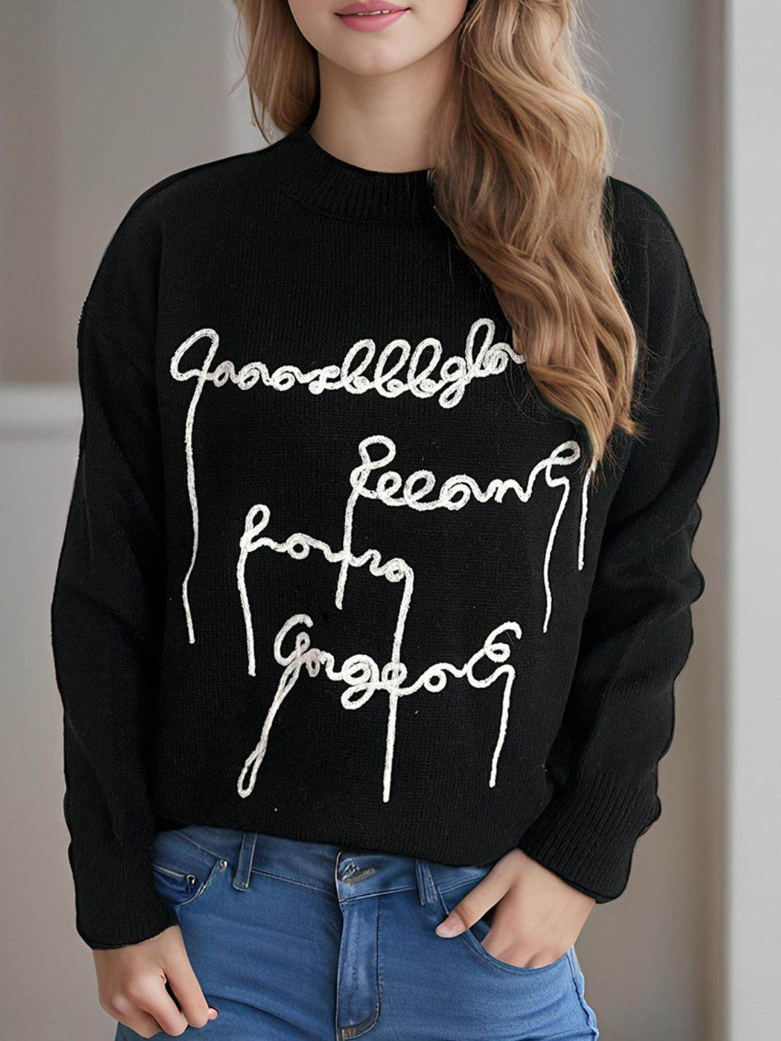 Letter Contrast Round Neck Dropped Shoulder Sweater - Hovatok