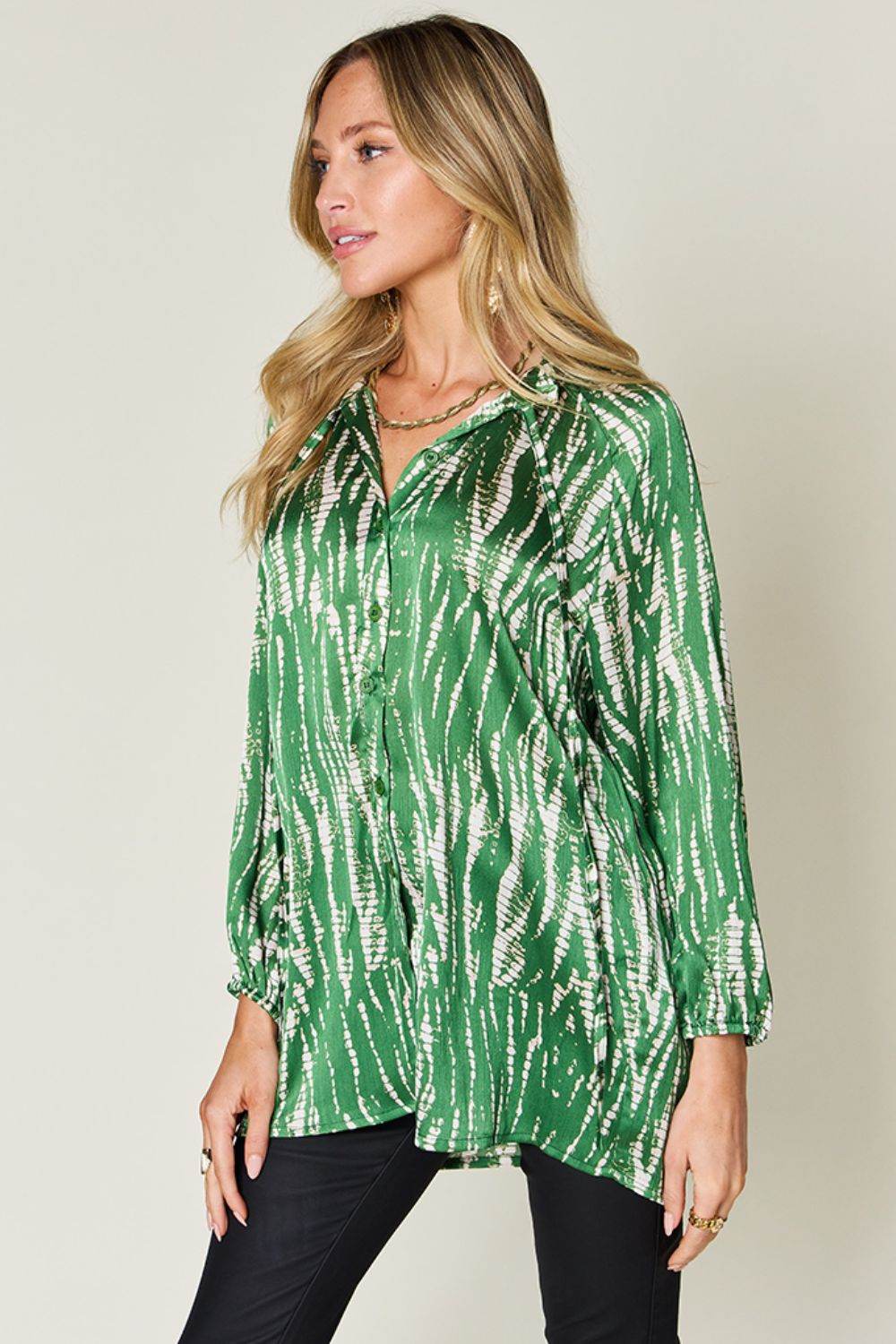 Double Take Full Size Printed Button Up Long Sleeve Shirt - Hovatok