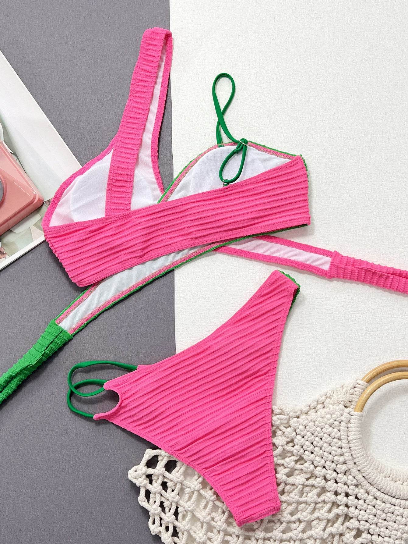 Contrast One-Shoulder Two-Piece Swim Set - Hovatok