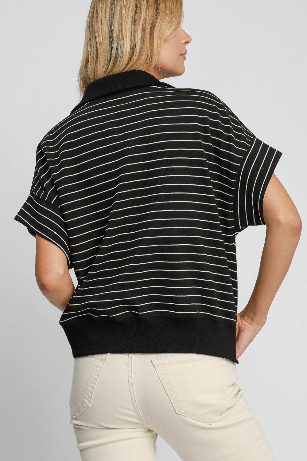 Umgee Striped Half Zip Short Sleeve Sweatshirt - Hovatok
