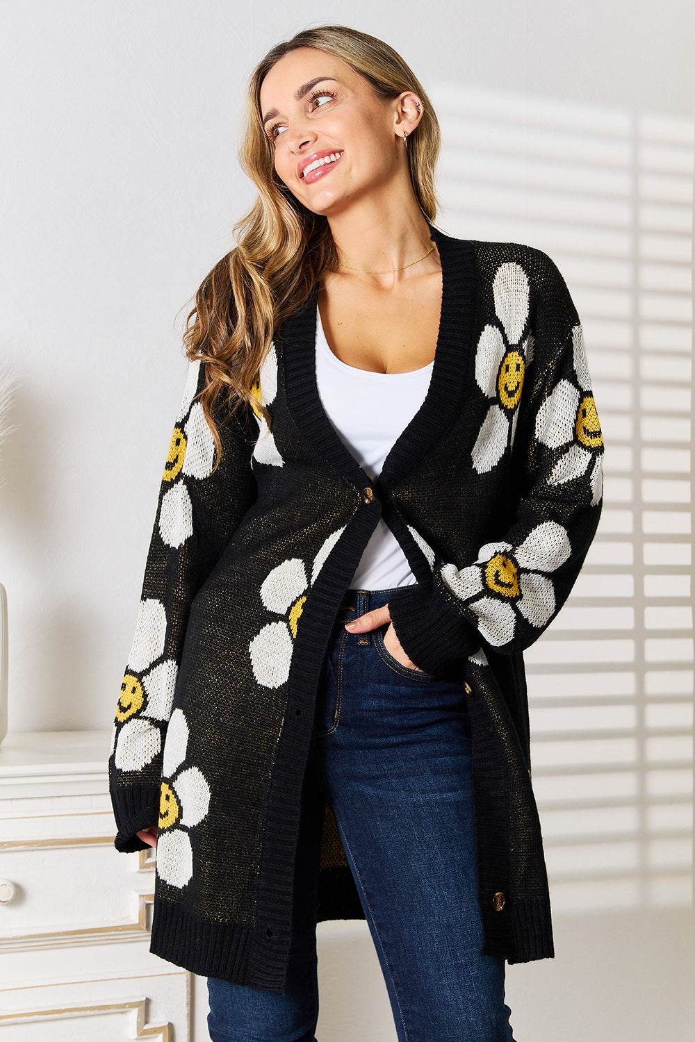 Perfee Floral Button Down Longline Cardigan - Hovatok