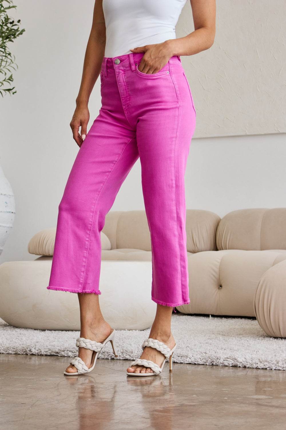 RFM Crop Chloe Full Size Tummy Control High Waist Raw Hem Jeans - Hovatok