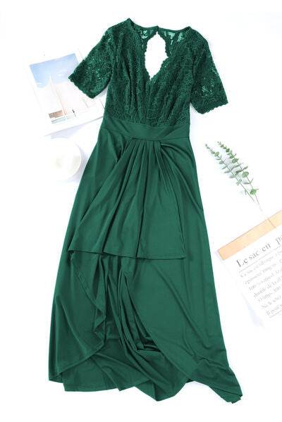 Lace Cutout V-Neck Short Sleeve Dress - Hovatok