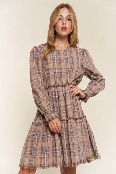 And The Why Full Size Washed Frayed Tiered Plaid Dress - Hovatok