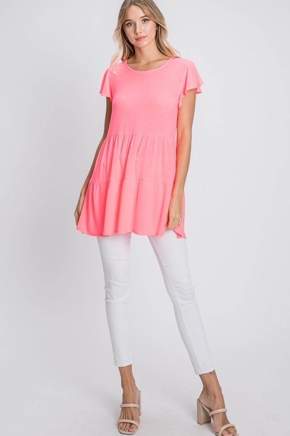 Heimish Full Size Tiered Round Neck Ruffle Sleeve Top Plus Size - Hovatok