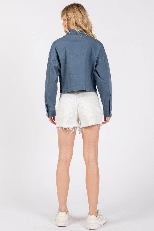 bytos Button Down Cropped Denim Jacket with Patch Pockets - Hovatok