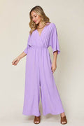 Double Take Full Size Surplice Wide Leg Jumpsuit with Pockets - Hovatok