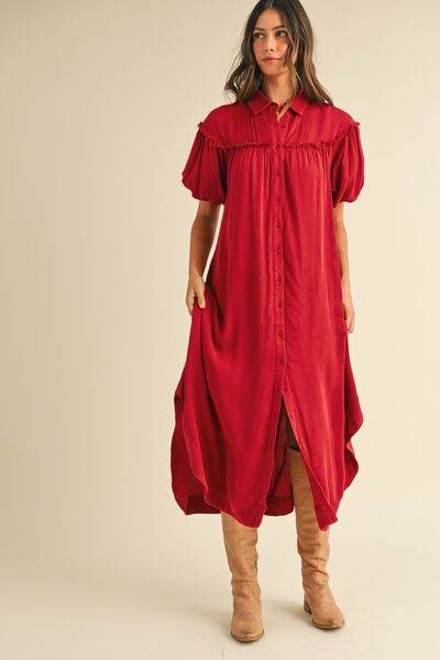 Annie Wear Mineral Washed Button Down Puff Sleeve Shirt Dress - Hovatok