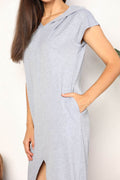 Perfee Short Sleeve Front Slit Hooded Dress - Hovatok