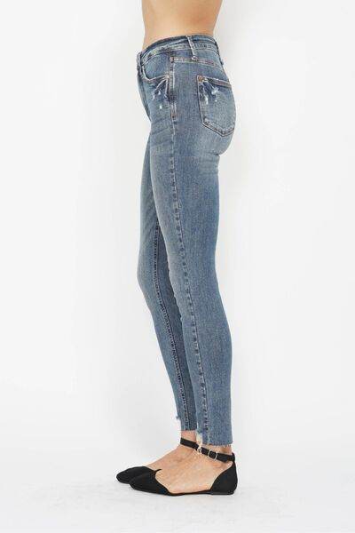 Judy Blue Full Size Tummy Control Vintage Wash Hem Destroy Skinny Jeans - Hovatok