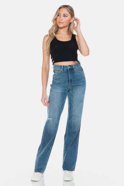 Judy Blue Full Size Tummy Control Cut Raw Hem Straight Jeans - Hovatok