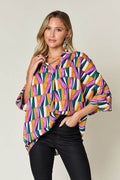 Double Take Full Size Geometric Notched Dolman Sleeve Top - Hovatok