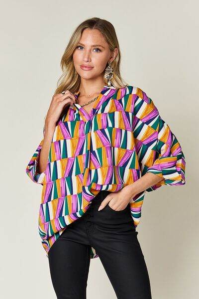 Double Take Full Size Geometric Notched Dolman Sleeve Top - Hovatok