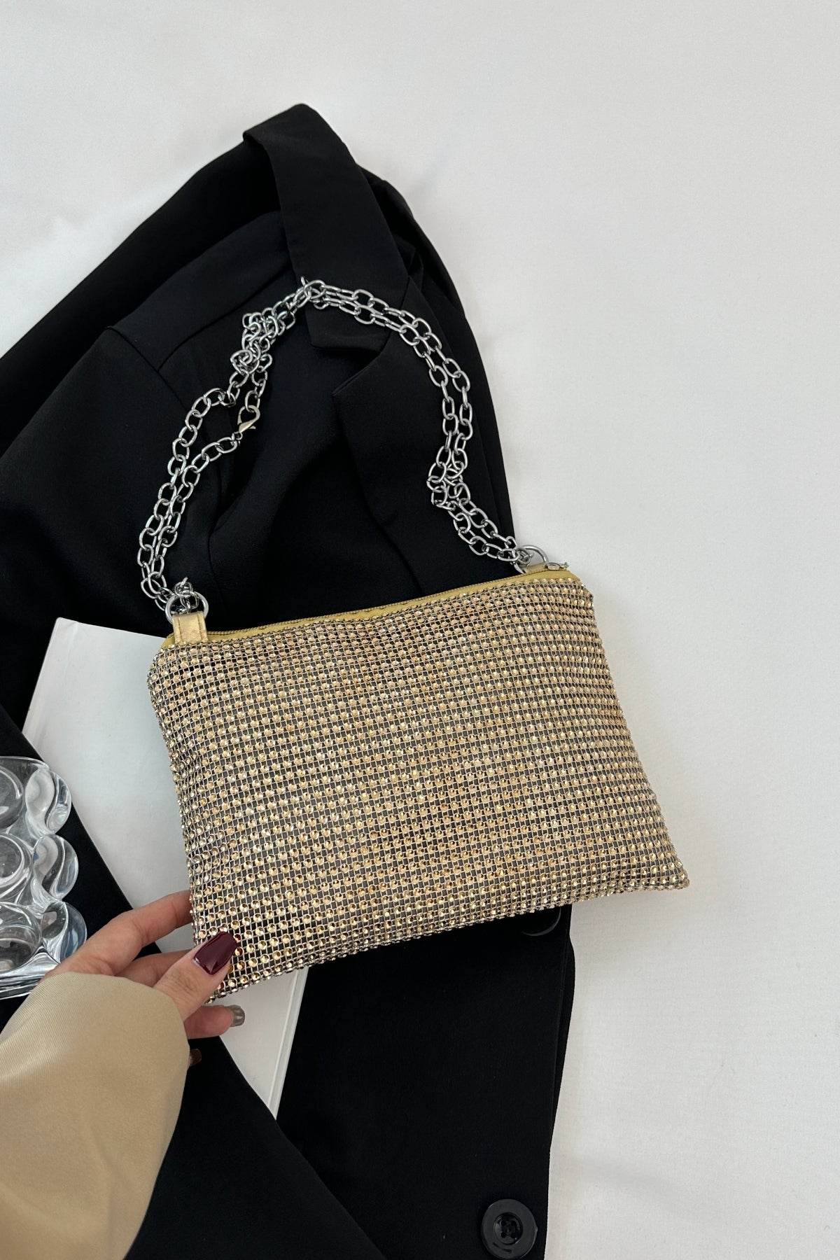 Rhinestone Polyester Chain Crossbody Bag - Hovatok