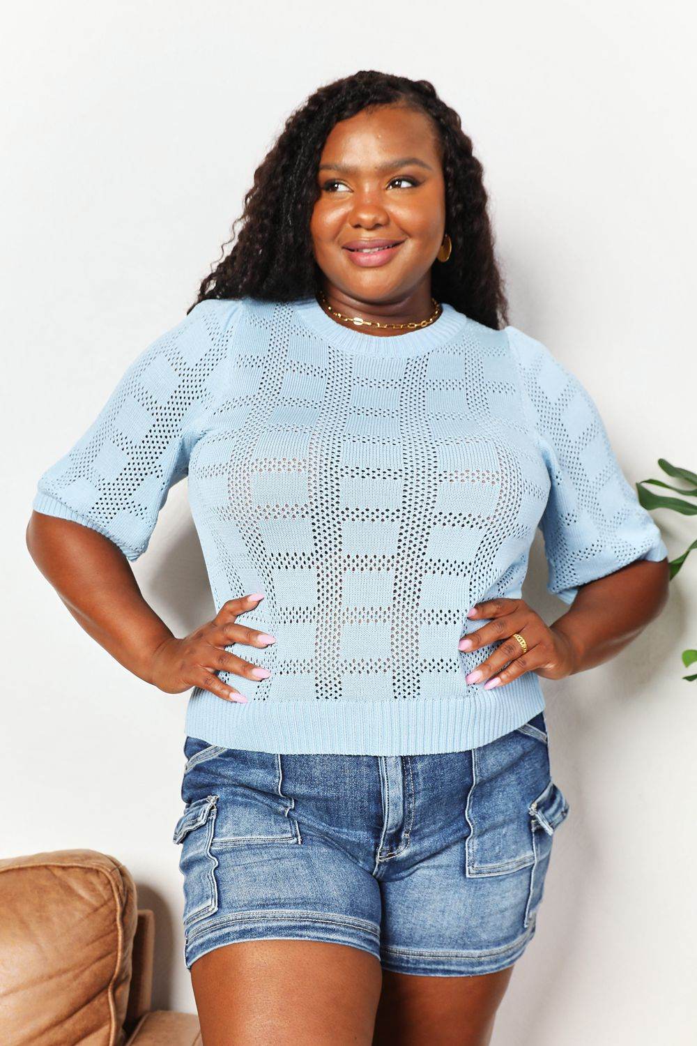 Mandy Ribbed Trim Round Neck Knit Top - Hovatok