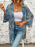 Printed Open Front Three-Quarter Sleeve Cover Up - Hovatok