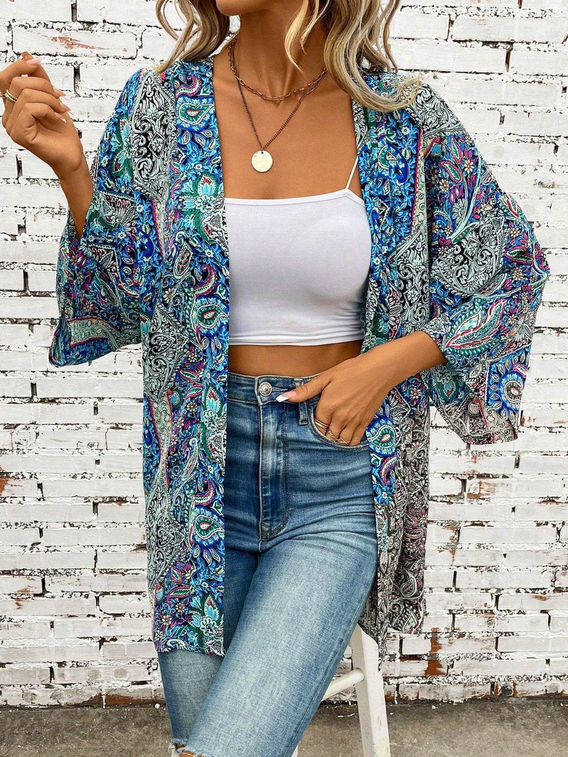 Printed Open Front Three-Quarter Sleeve Cover Up - Hovatok