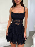Devine Lace-Up Layered Lace Mini Cami Dress - Hovatok