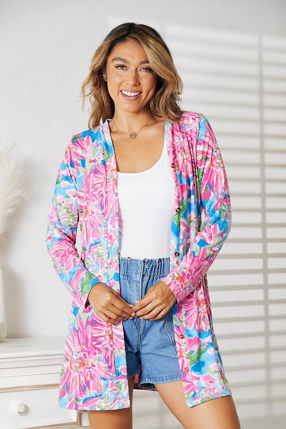Double Take Floral Open Front Long Sleeve Cardigan - Hovatok