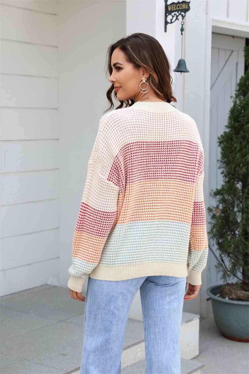 Angel Wings Waffle-Knit Round Neck Dropped Shoulder Color Block Sweater - Hovatok