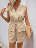 Perfee Drawstring V-Neck Sleeveless Romper - Hovatok