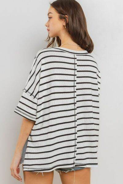Ces Femme Side Slit Striped Round Neck Half Sleeve T-Shirt - Hovatok